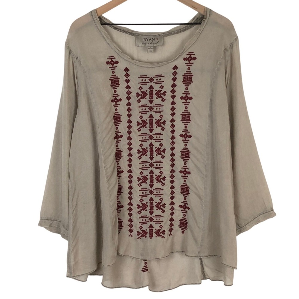 RYAN MICHAEL Embroidered Tunic Top Sz XL Taupe Boho